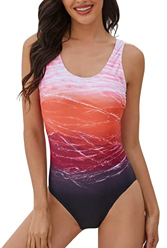 heekpek Femme Maillot de Bain 1 Pièce Chic Imprimé Coloré Monokini Vintage Taille Haut Push Up Sexy Maillot Bain 1 Piece Grande Taille, Rouge, Taille L