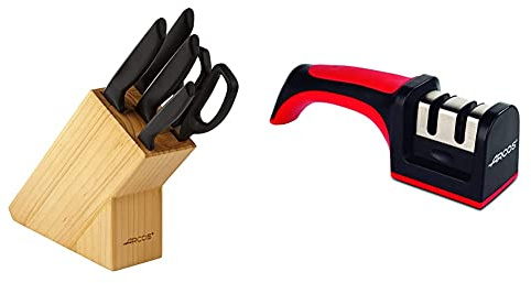 Arcos 815000 Juego de Cuchillos de Cocina, Acero Inoxidable Nitrum, Negro, Estandar + Afiladores, Afilador de Cuchillos de Mano, Hecho de ABS + TPE, Rodillos Cerámico y Carburo, Color Rojo y Negro