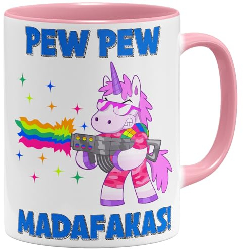 OM3® lustige Einhorn Pew Pew Madafakas Kaffee-Tasse mit Spruch - Regenbogen Unicorn - Keramik Becher - 325ml - Beidseitig Bedruckt - Rosa