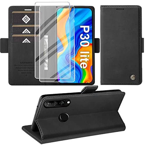 Giyer Handyhülle für Huawei P30 Lite Hülle mit Panzerglas, Schutzhülle P30 Lite Premium Leder Wallet Case Standfunktion Kartenfach Flip Cover for Huawei P30 Lite Stoßfeste Klapphülle 6,15 Zoll