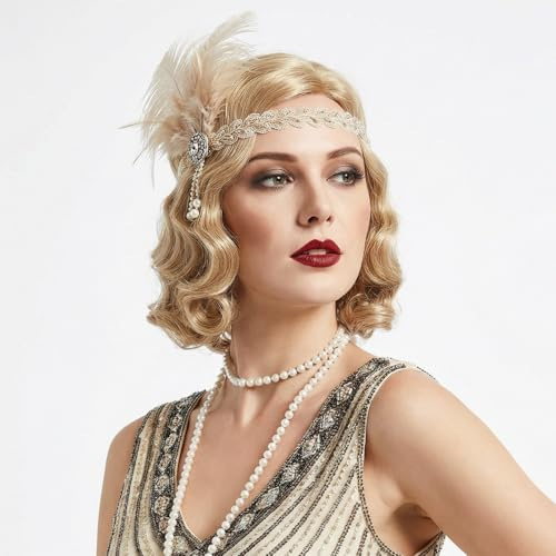 REEWES Lange Blonde 1920er Perücke, Lockige Kurze Vintage Perücken für Frauen Damen Synthetische Hitzebeständige Vollperücken Cosplay Kostüm Fancy Dress Flapper Perücke
