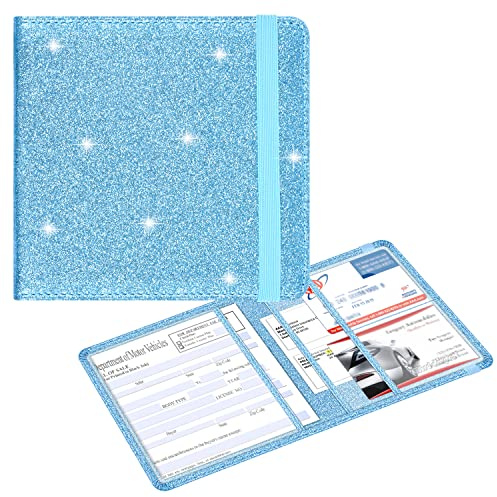 wisdompro Car Registration and Insurance Documents Holder - Premium PU Leather Vehicle Driving Licence Holder Paperwork Wallet Case Organiser for Vehicle Documents and Cards - Bling Light Blue | Premium PU Leather, Car Documents Paperwork Wallet Case Organizer for Vehicle Documents and Cards - Bling Light Blue