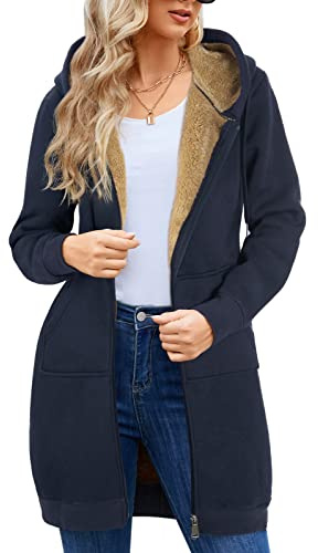 RITOSTA Damen Hoodie Fleecejacke Kapuzenjacke mit Zip Winterjacke Lang Sweatjacke Warme Plüschjacke Pullover Einfarbig Casual Mantel Winter Kapuzenpullover Mit Kapuze Reißverschluss