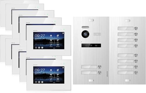 Balter EVO-HD Video Türsprechanlage, Video Türklingel mit Kamera, 10 Familienhaus Klingel, Smartphone App, 10x 7 Zoll HD Monitor, Full HD-Kamera, 2 Draht Bus, Gegensprechanlage mit 175° Weitwinkel