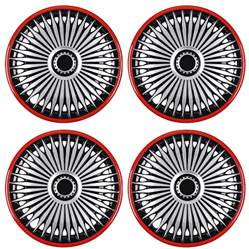 COYOUCO Radkappen - (4er-Set) Felgenabdeckung - Autozubehör für Standard-Stahlfelgen, Silber & Rot, 15 Zoll
