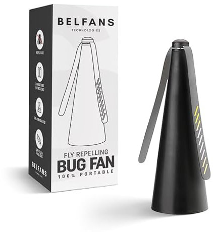 Belfans FlyRepellent Fan for Tables – USB Powered/AA Battery Powered, Soundless Fly Swatter with Holographic Blades – Portable Fly Fan for Bees, Wasps & Outdoor Use (1, Black)
