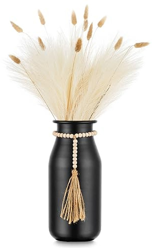 Sziqiqi Dekorative Vase Schwarze - 23cm Boho Vasen mit Perlenschnüren für Pampasgras Vintage Metall Blumenvase für Tisch Wohnzimmer Matt Zylinder Vase für Trockenblumen Rosen Zweige