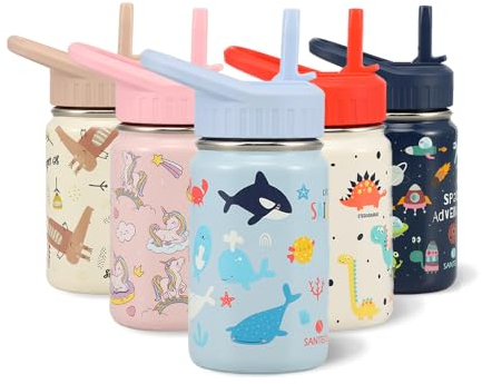 SANTECO Trinkflasche Kinder Edelstahl 350ml mit Strohhalm, Kinder Thermosflasche BPA-frei Wasserflasche Einfach zu Säubern, Thermoskanne Jungen Mädchen für Kindergarten Schule - Meereswelt