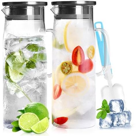JOLIGAEA 2PCS Jarra de Cristal 1,5 Litros, Jarra de Agua Cristal con Tapa, Botella de Agua Hecha de Vidrio de Borosilicato, Jarras de Vidrio para Bebidas Frías y Calientes, Café, Jugo, con Cepillo