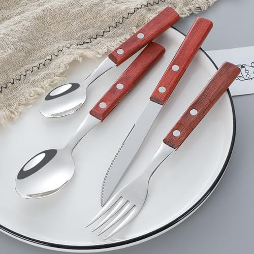 ESSONIO Weihnachten Geschirr Besteck Holzgriff Set 6 Personen Bestecksets mit Messer Gabeln Löffel Teelöffel Besteck Edelstahl Cutlery Set Langlebig Formelle Anlässe Familienzusammenkünfte