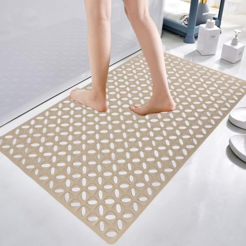 BWBIKE Alfombrilla de Bañera Alfombrilla de Ducha de Baño Antideslizante Alfombrilla de Ducha de Goma Flexible para Ventosas Fuertes y Orificio de Drenaje para Hoteles en Casa, 70 x 40 cm,Caqui