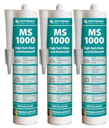 HOTREGA MS 1000 High Tech Kleber 3x 290ml | Klarer Dichtstoff & | Universelle Spachtelmasse ohne Silikon | Primer integriert | 30kg Zugfestigkeit | Überlackierbar | Flexibel -40 bis +90°C