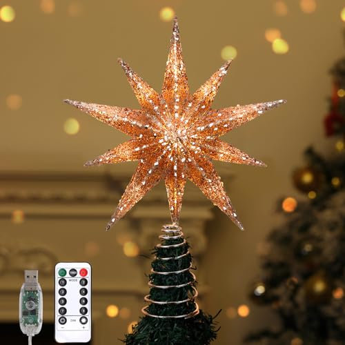 Lewondr Christmas Tree Topper Star, 13inch 10-Point Light Up Xmas Star Treetop with Plug and Remote Control for Home Christmas Decoration, 6H Timer & 8 Lighting Modes, Warm Light, Rose Gold