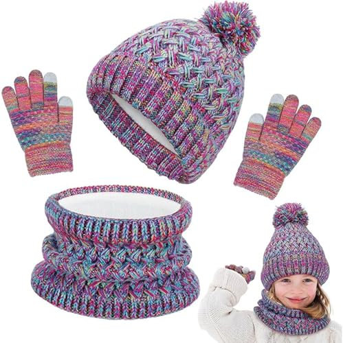 Kinder Wintermütze Schal Handschuhe Set, Kinder Mütze Loop Schal, Mädchen Strickmütze, Kinder Mütze Schal Set, Beanie Hut Handschuhe Runder Schal, Gefüttert für Jungen Mädchen 1-6 Jahre