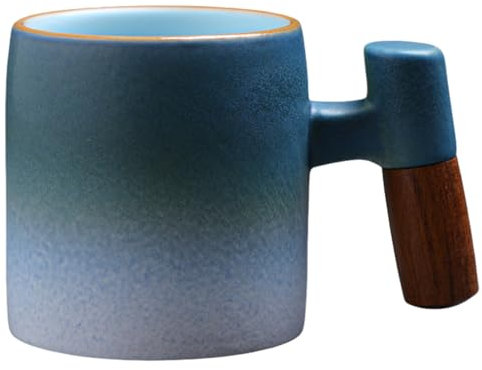 LJYING Ceramic Espresso Cups with Wooden Handle 80ML Expresso Coffee Cup Porcelain Small Coffee Cups Espresso Shot Cups Tea Cups (Blue&White, 1 Pack)