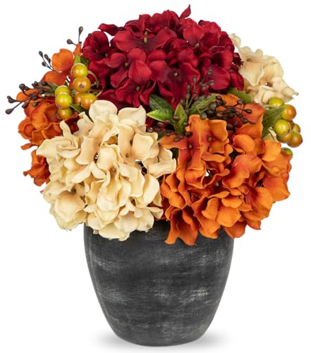 Oairse Autumn Decorations Hydrangea Artificial Flowers in Ceramic Vase Fall Floral Arrangements for Home Office Rustic Farmhouse Harvest Thanksgiving Wedding Kitchen Dinner Table Centerpieces Decor