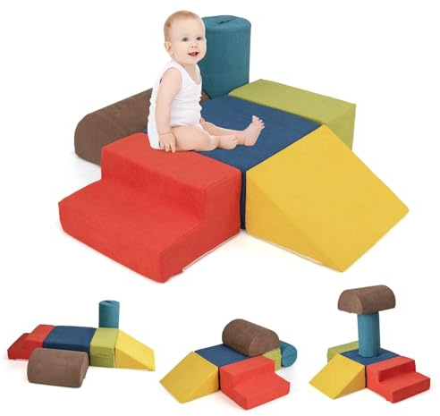 DREAMADE 6 TLG. Softbausteine für Kinder, Kletterblöcke aus Schaumstoff mit waschbarem Bezug, Softbausteine zum Klettern für Baby & Kleinkinder, Montessori Kletter-Spielzeug, 220x25cm (Bunt)