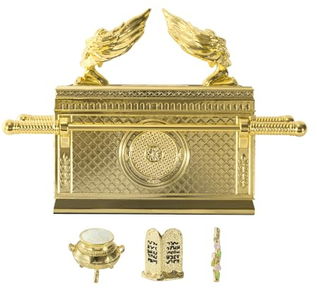 BRTAGG L'Arca de la Alianza Réplica de modelo histórico con Rod of Aaron/Manna/Diez Mandamientos, Figura decorativa religiosa chapada en oro, objeto de colección, Israel judío (escala 1:16, 12 cm)