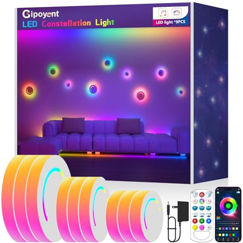 GIPOYENT Smart Wall Light, 9-Piece LED DIY Constellation Light, RGB Color Changing, Music Sync, App & Remote Control, Ambient Lighting for Bedroom, Living Room, Gaming, and Home Decor