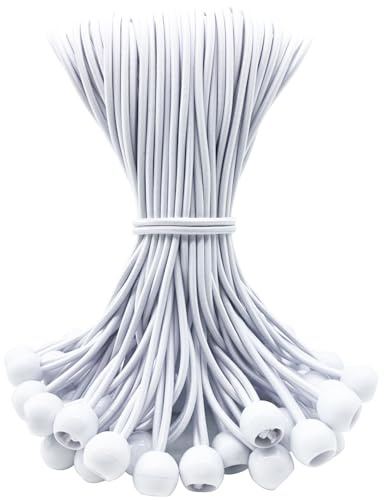 WMZOBH Tarpaulin Bungee Balls 10 Inch - 50 Piece Bungee Cord with Balls, Small Bungee Cords Heavy Duty, Elastic Bungee Straps Short, Tie-Down, Adjustable Flag Bungees (White)