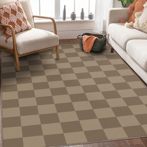 SOANNY Living Room Rug, Soft Short Pile Checkered Carpet, Non-Slip, Washable, Modern Geometric Area Mat for Bedroom Kitchen Nursery Dorm Kids Room Teen Room Bedside, Brown & Camel, 140x200cm