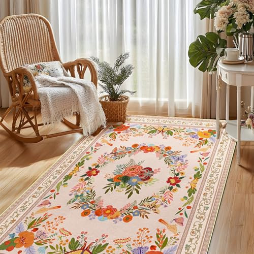 GthreeD Boho Vintage Teppich 80x150 cm Waschbar rutschfest - Weicher Kurzflor Teppich für Wohnzimmer, Schlafzimmer, Küche - Orientalisches Design mit Retro-Stil von,Blumen-Beige