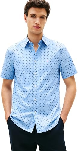 Tommy Hilfiger Uomo Camicia Flex Poplin Maniche Corte, Blu (Sweet Blue/Allover), L