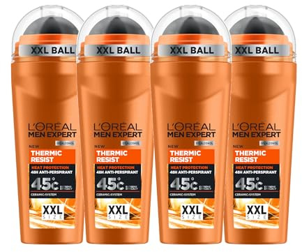L'Oréal Paris Men Expert Desodorante en Roll-On Thermic Resist XXL, Pack x4 | Protección Frente al Olor, Sensación de Frescor, Hasta 48 Horas de Duración, Aplicación en Roll-On, Cuidado Diario