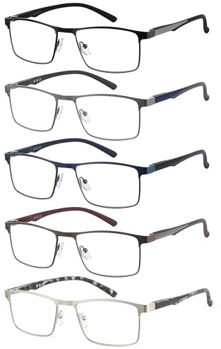 JM 5 Pack Lesebrille Herren, Rechteckig Blaulichtfilter Brille Herren, Metall Federscharniere Lesebrille mit Blaulichtfilter