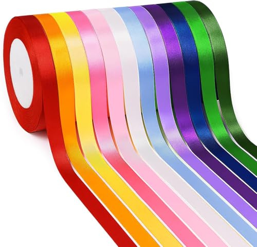 Cinta de Raso, 12 Colores Raso de Colores Vibrantes, 10mm x 22m Cinta de Satén, Cintas de Tela para Manualidades, Envoltorios de Regalos, Lazos, Decoración de Bodas