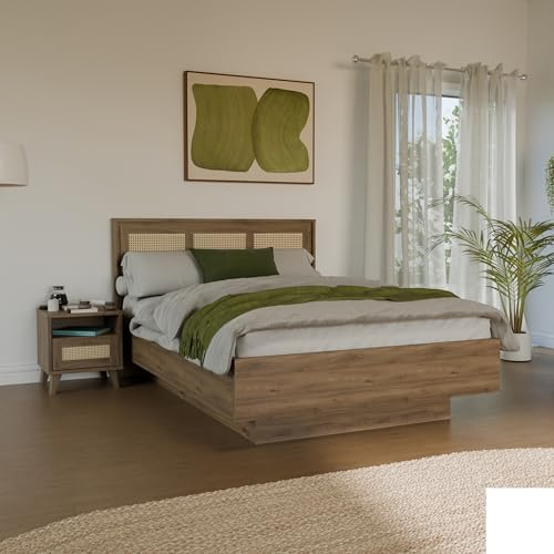 Forte GLENKEEN Bett, Liegefläche 140 x 200 cm, Bettgestell im Bohostil mit Rattangeflecht, Stauraum, Holzwerkstoff, Valencia Eiche Holzdekor|Naturrattan, 149,9 cm breit x 105,5 cm hoch x 204,9 cm tief