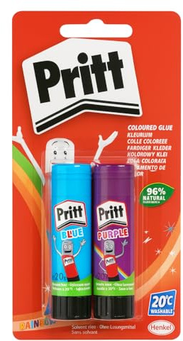 Pritt Colla stick colorata – Set di 2 bastoncini (blu e viola) – colla colorata lavabile – senza solvente – 20 g – 96% ingredienti naturali – ideale per carta