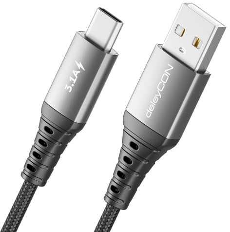 deleyCON 1,5m USB-C-Kabel 3,1 A Laddkabel Datakabel USB-A till USB-C för iPhone 17 16 15 Pro Max Air Galaxy A16 A56 S25 S24 S23 Pixel iPad Pro Notebook AirPods Surfplatta Switch PS5