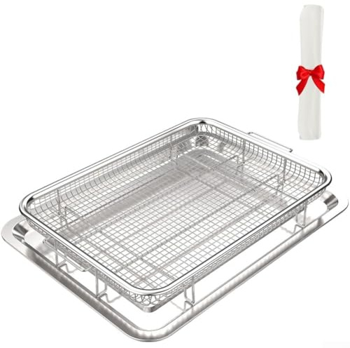 HOHOVYVY Backofen Heißluftfritteuse Korb Aus Edelstahl 40X30X5,5 CM Mit Flachem Tablett Und 30 Stück Backpapier Spülmaschinengeeignet Zum Backen, Grillen Und Frittieren