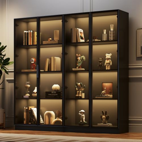 kowdom Glasvitrine mit App-gesteuerter LED-Beleuchtung, Vitrinenschrank mit 4 Alurahmen-Glastüren & verstellbaren Böden, Standvitrine Hochschrank (160x40x160 cm) Schwarz – Highboard, Sammlervitrine