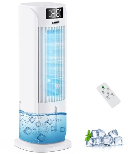 Rafraîchisseur d'Air 4 en 1, Climatiseur Mobile avec 6 Vitesses et 2 Modes, Oscillation 90°, Minuterie 12H, Télécommande, Portable, Silencieux, pour la Maison et le Bureau