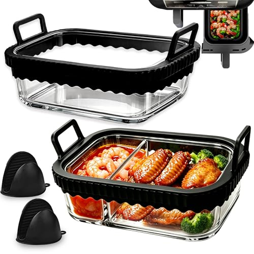 Glass Air Fryer Liners 9-9.5L for NINJA Dual Zone AF400UK/DZ400UK,KEPLIN | 2 Pack Borosilicate Baking Trays with Dividers Dishwasher Safe BPA-Free,Air fryer Accessories for Double Zone Air Fryer