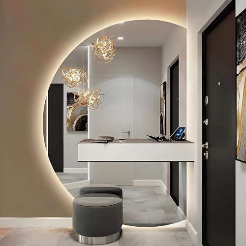 Specchio da bagno a mezzaluna grande a LED da 35/39/43/47/51 pollici, dimmerabile a 3 colori, montaggio a parete, intelligente, antiappannamento, impermeabile (taglio a destra, 100x70 cm/39x28 pollic
