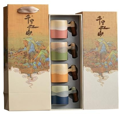 82 ml keramiska espressoskoppar, set med 4, liten kaffemugg med trähandtag, små gradient espressokoppar, keramisk temugg presentförpackning (rakt handtag) (rakt handtag) (rakt handtag)