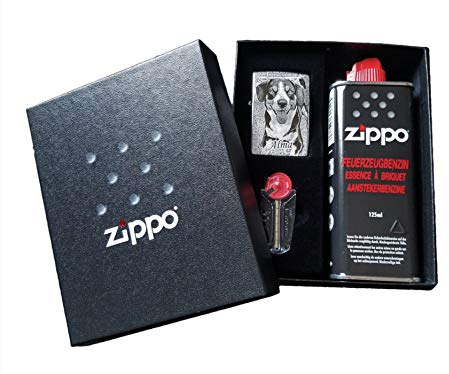 ZIPPO GESCHENKSET BEIDSEITIGE GRAVUR | ZIPPO REGULAR Chrom gebürstet Silber matt in Schwarz GESCHENKBOX MECHANISCHES FEUERZEUG personalisiert mit Wunschgravur, Foto und Text