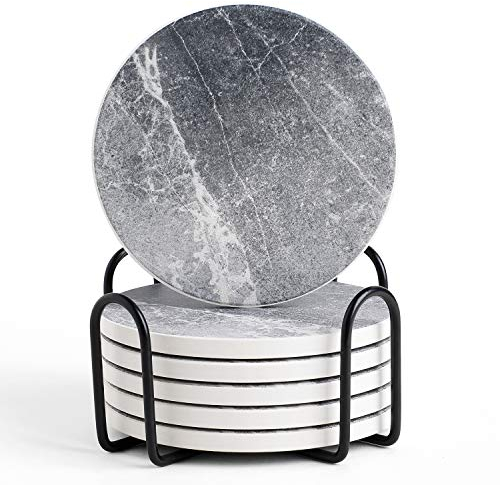 LIFVER Coasters - Coasters Set of 6 - Grey Drinks Coasters Ceramic - Coasters with Holder & Cork Base for Various Cups, Tables & Home Decor - Gifts for Men Women - 4 ''