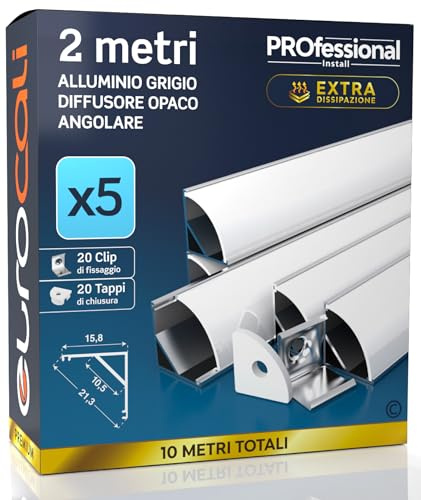 5x Profili Angolari da 2 metri (10mt) in Alluminio grigio per Strisce LED | Schermatura Opaca ingombro max striscia led 10.5mm - 15.8 x 15.8