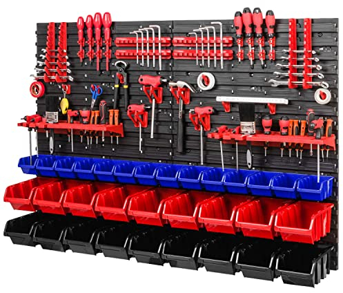 PAFEN Sistema di cuscinetti – 1152 x 780 mm – Scaffale da parete con scatole impilabili, porta attrezzi – Scaffale da parete extra forte (blu/rosso/nero)