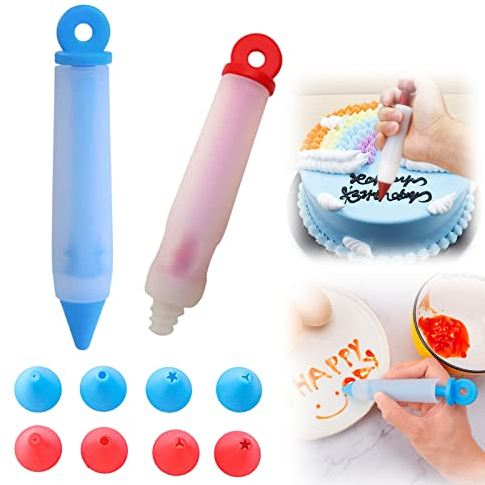 JKSM KuchenDekorationsstift, 2 Stücke Ungiftiger, haltbarer Silikon Dekorationsstift mit 8 Tüllen, Backen Dekorationsstift füR Kuchen GebäCk und Dessertdekoratio