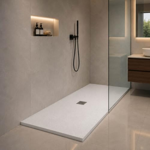 Yellowshop - Piatto doccia rettangolare marmoresina base 80 cm h 2,5 cm HEAVY Bianco con sifone, piletta e copripiletta inox (cm 80x140)