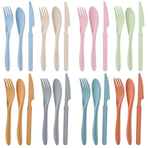 Knives Spoons and Forks Set, Wheat Straw Cutlery Set, Reusable Flatware Set for 8, Utensils for Party, Travel, Work, Picnic, Camping or Daily Use