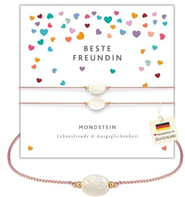 happymaker - Freundschaftsarmbänder, Rosenquarz und Mondstein Armbänder Frauen, Edelstein Armbänder mit Spruchkarte und Geschenkverpackung, handmade in Deutschland
