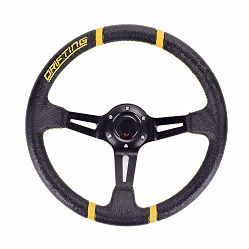 JAKMET Sport Lenkrad,Sportlenkräder Universal 350 mm 14 Zoll Sportlenkrad Drifting Racing Lenkrad Aluminiumhalterung mit Hupenknopf (Color : Yellow Stripes)