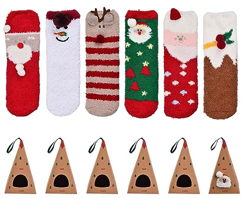 Jinlaili 6 Paia Calzini Natalizi in Peluche da Donna, Caldo Calze in Pile Corallo con Confezione, Calzini Divertenti Fantasia da Letto, Calzettoni Casa Donna, 35-39, Regali Natale per Donna