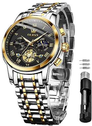 OLEVS Herrenuhren Schwarz Edelstahlarmband Quarz Uhr Männer mit Römischen Zahlen Mondphase Wasserdicht Leuchtende Klassische Elegantes Armbanduhr Geschenk Sale Marken